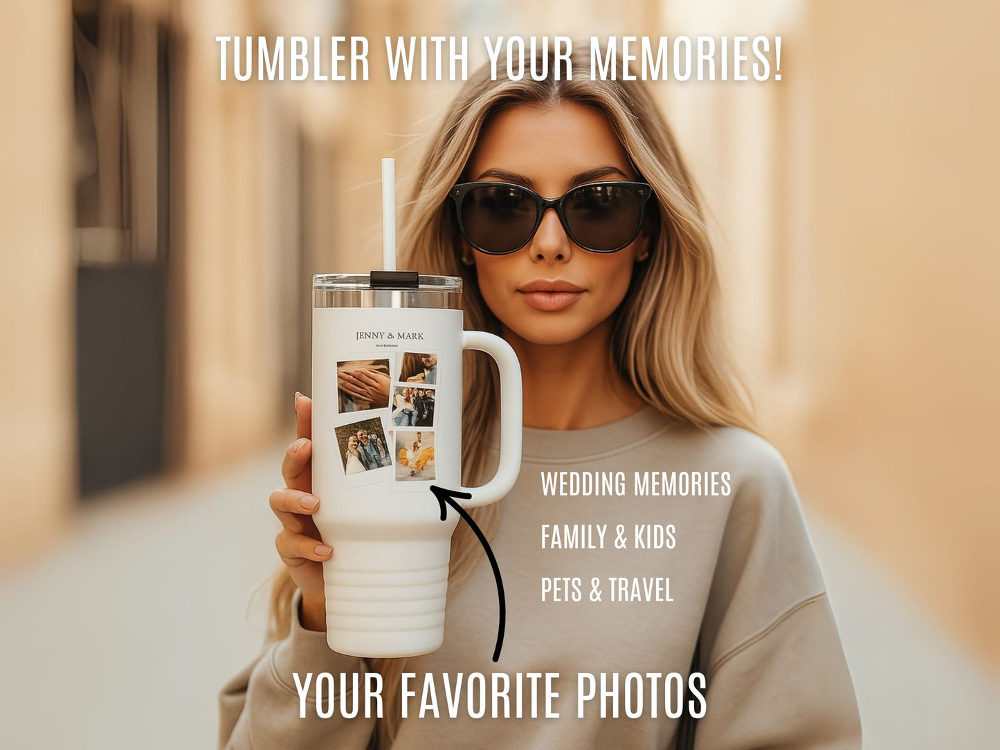 Tumbler with photos, 40oz - Perfect Gift for Coffee Lovers, Brunch, Beach and Workout.