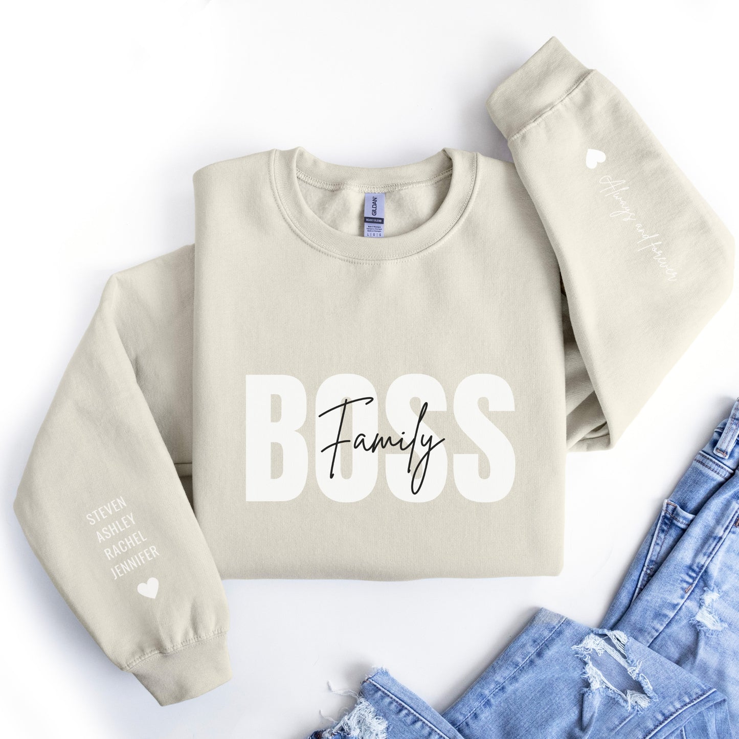 Family Boss Sweatshirt for Mom with Kids Names on the sleeve