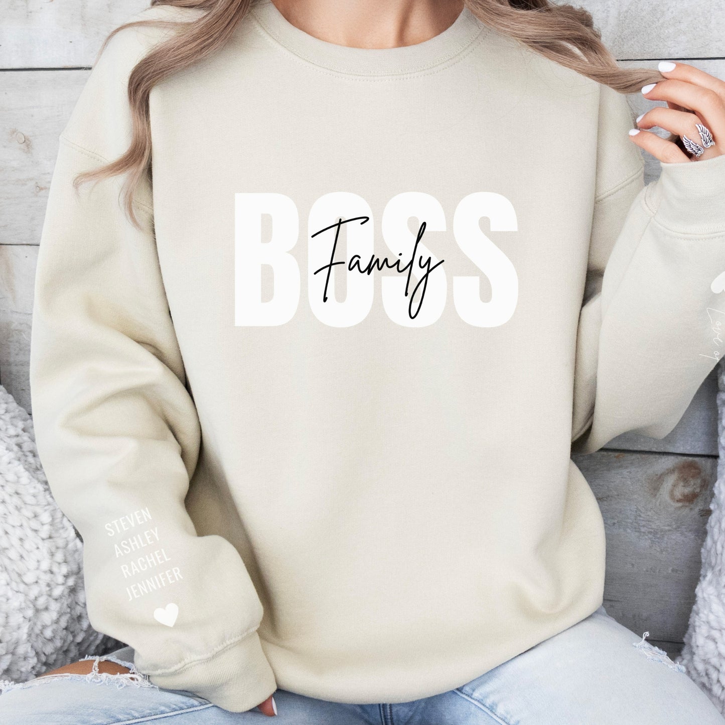 Family Boss Sweatshirt for Mom with Kids Names on the sleeve