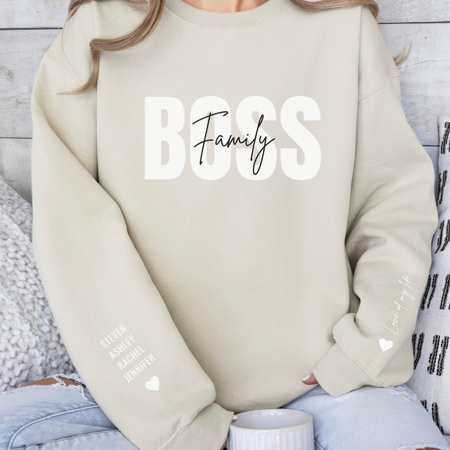Family Boss Sweatshirt for Mom with Kids Names on the sleeve