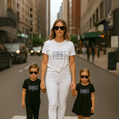 Family Boss Mom T-shirt with personalized kids names.