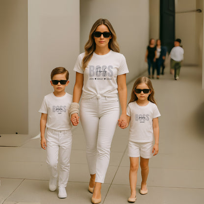 Family Boss Mom T-shirt with personalized kids names.