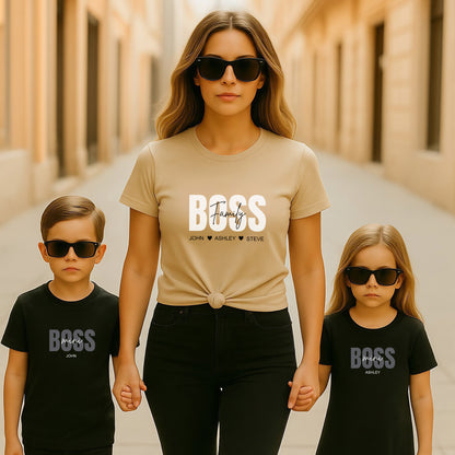 Family Boss Mom T-shirt with personalized kids names.