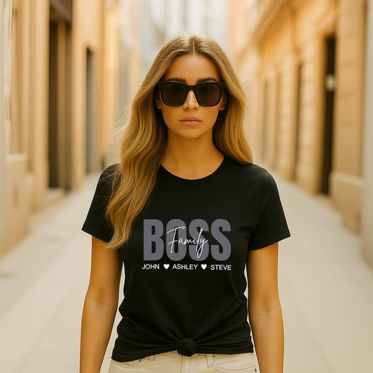 Family Boss Mom T-shirt with personalized kids names.